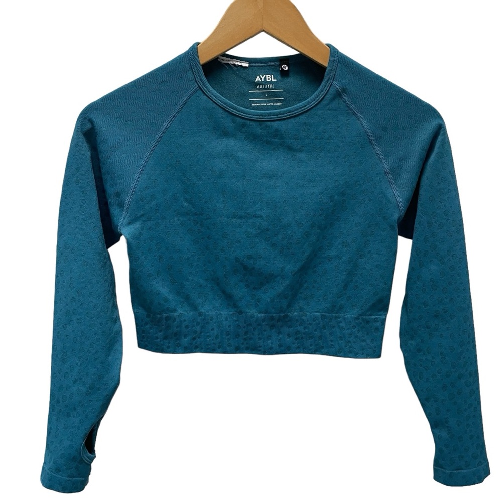 AYBL Athletic Seamless Teal Blue Leopard Print Long Sleeve Crop Top Large